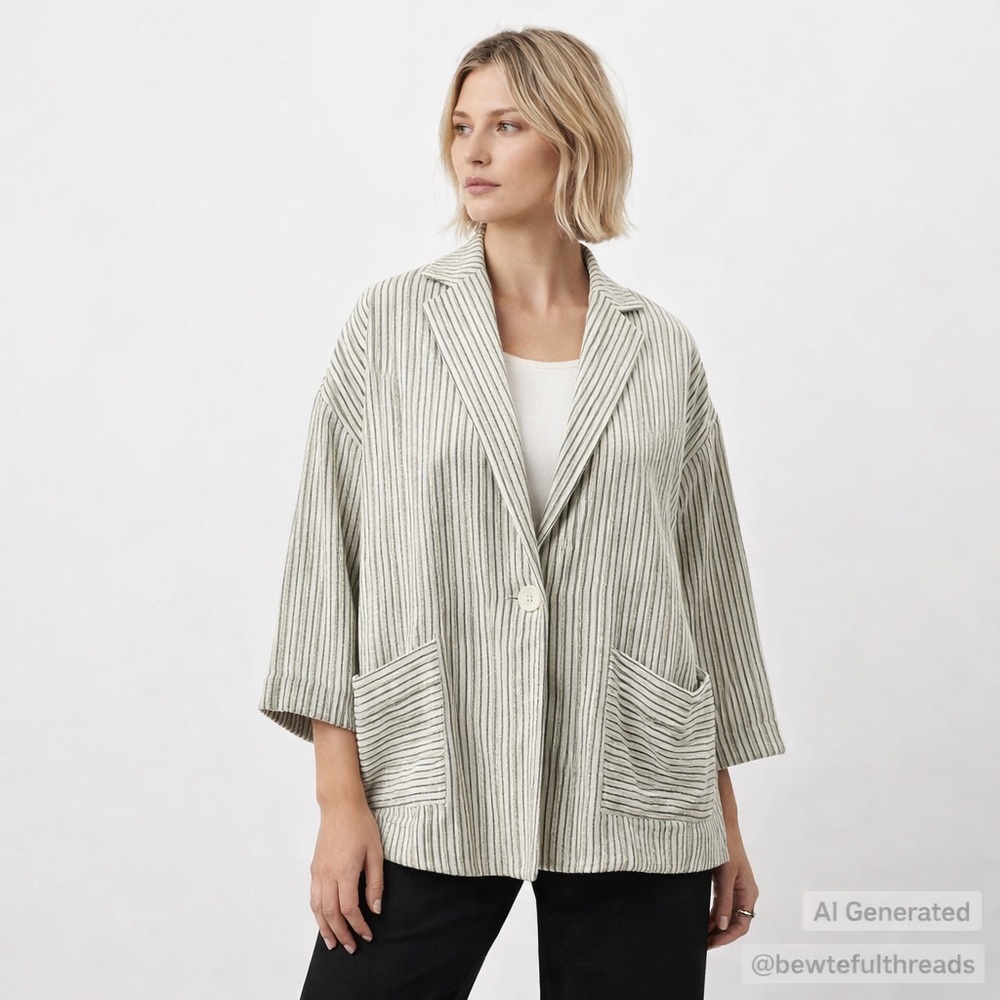 Parisian Linen Stripe Oversized Blazer Neutral Minimalist Chic M